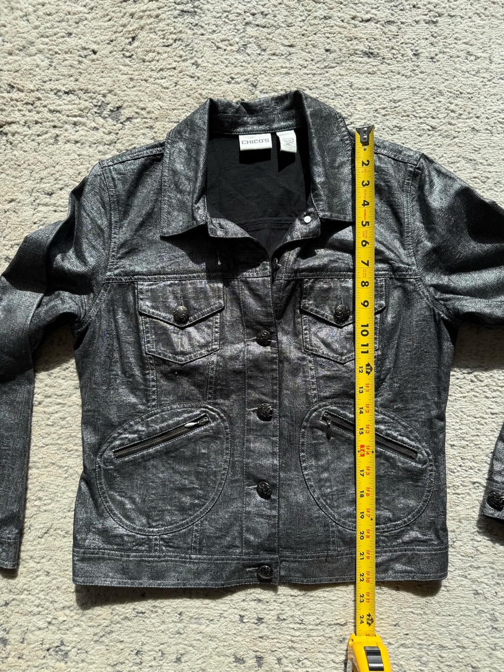 Chicos-Like New Woman’s Chic Metallic Gunmetal Button Up Jacket Size 1 (Medium) - Picture 10 of 11